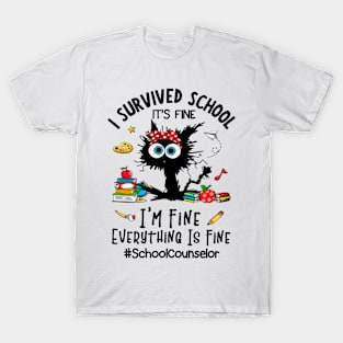 Black Cat School Counselor I'm Fine Everything Is Fine T-Shirt